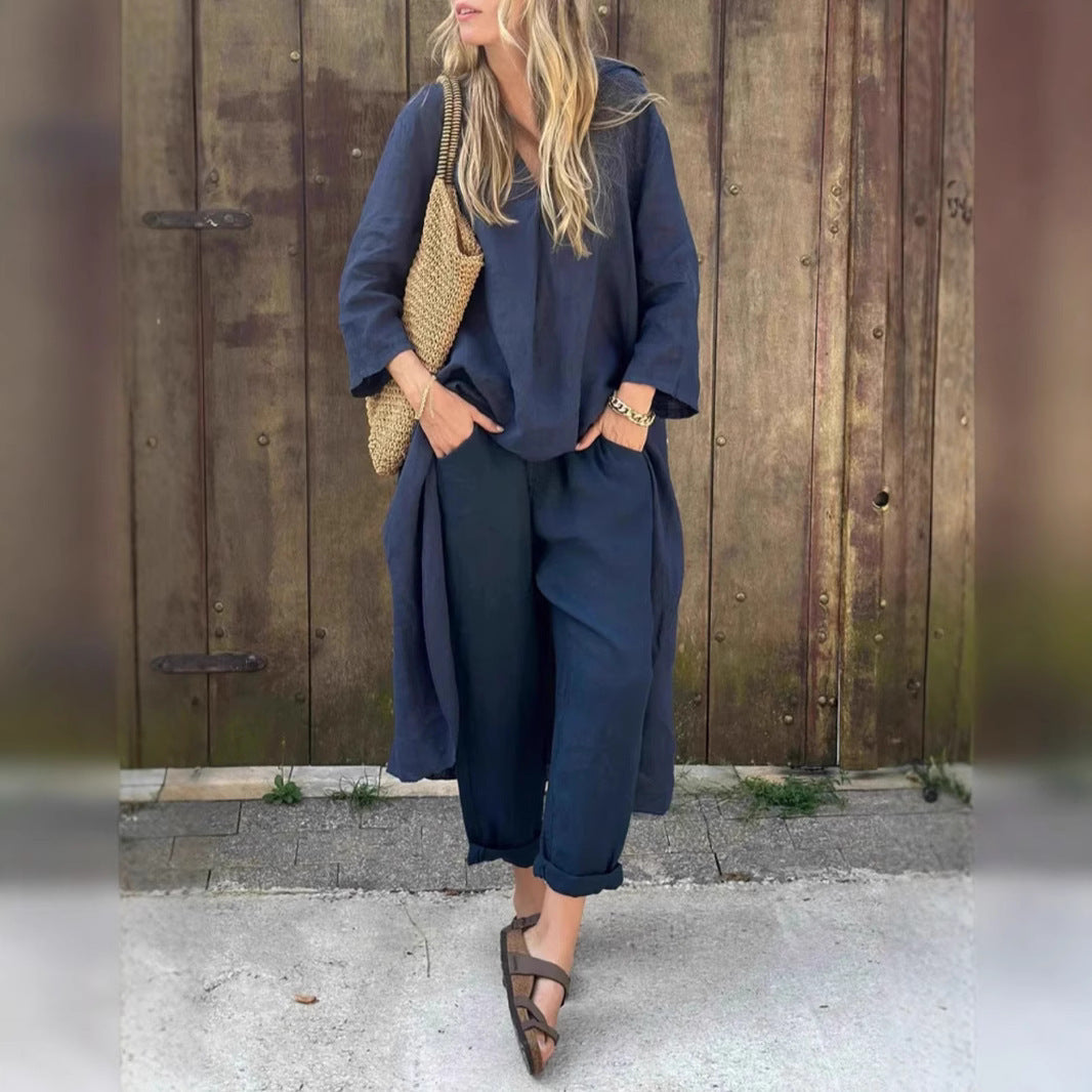 2pcs Long-sleeved Suits Loose V-neck Long Top And High Waist Wide Leg Pants With Pockets Women's Clothing