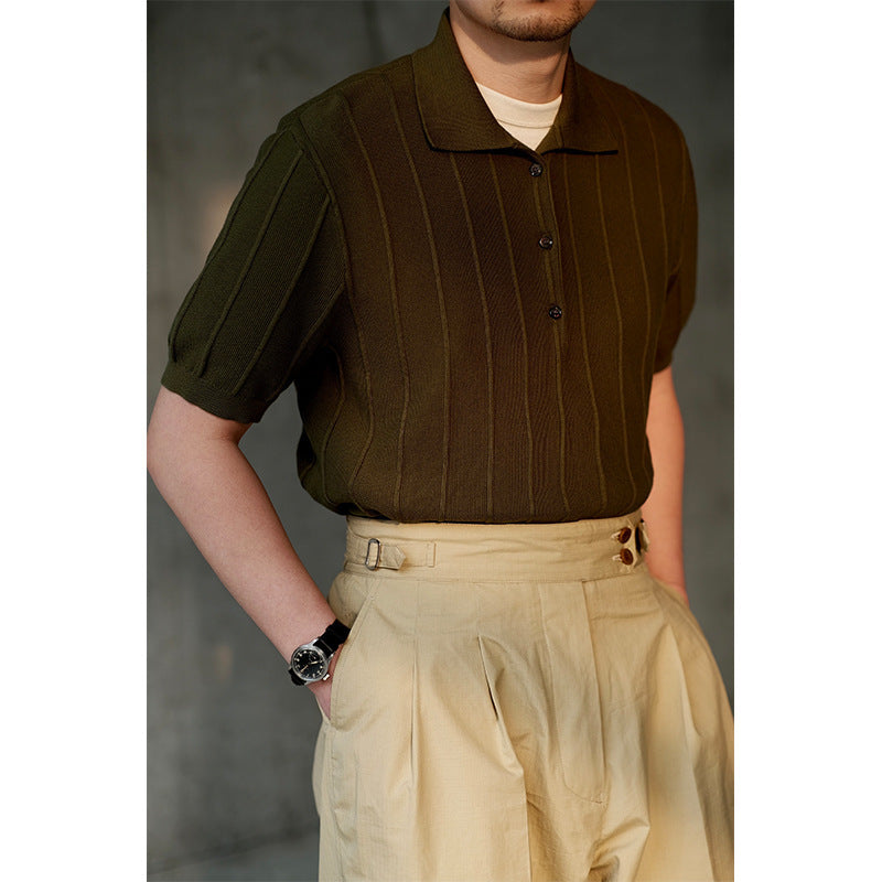 Ice Silk Short Sleeve Knitted Fashion Vertical Stripes Lapel Men