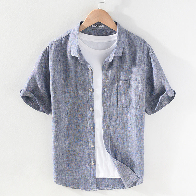 Linen Short Sleeve Casual Youth Square Collar Linen Shirt