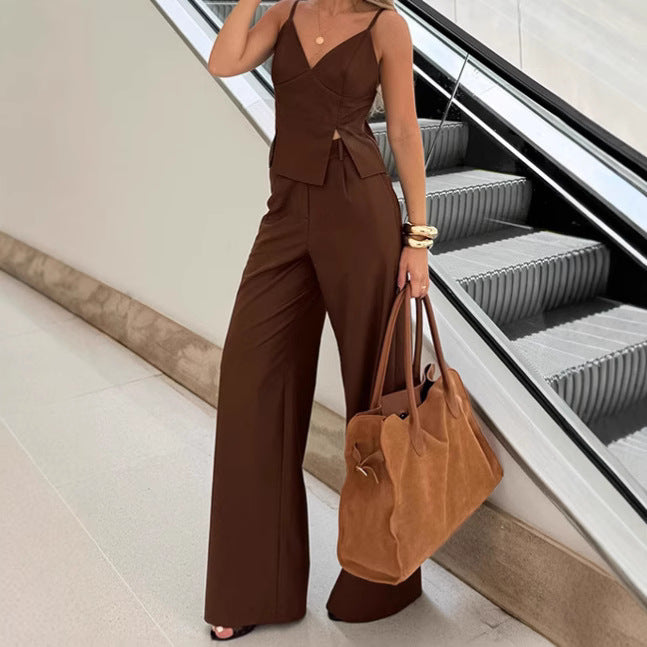 Brown Sleeveless V-neck Brace Split Vest Trousers Suit