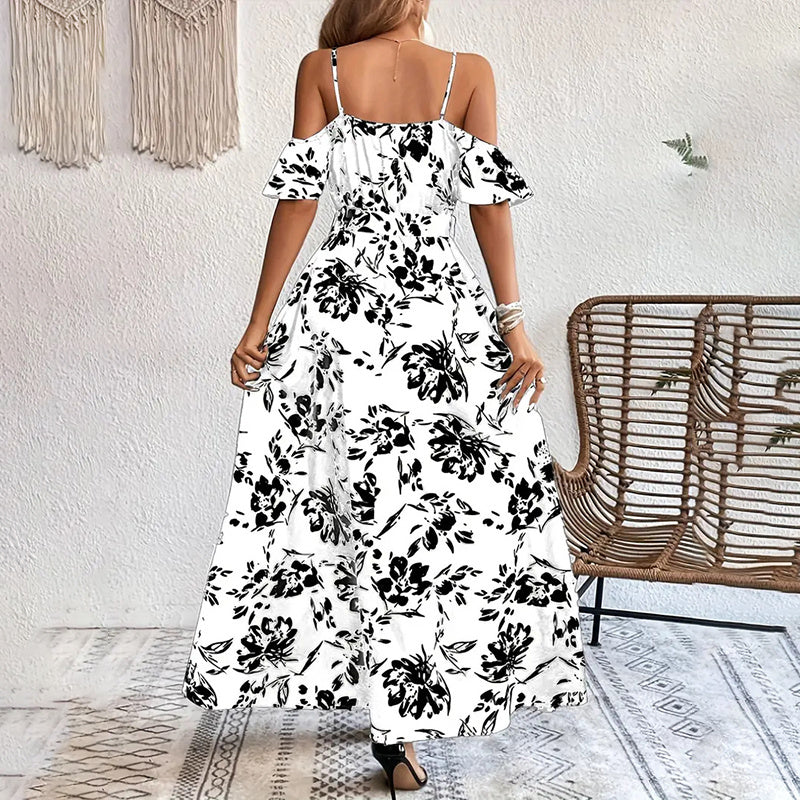 Women's Floral Maxi Dress Cold Shoulder Split Belted A Line Long Summer Dress