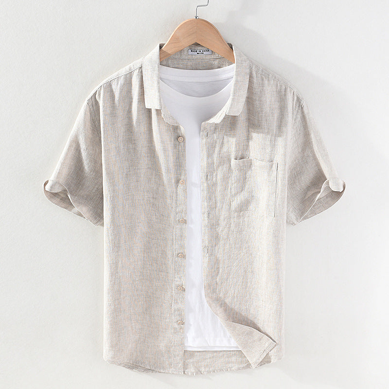 Linen Short Sleeve Casual Youth Square Collar Linen Shirt
