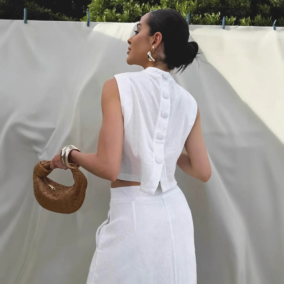 White Cotton Linen Sleeveless Stand Collar Top Slit Loose Long Skirt Two-piece Set