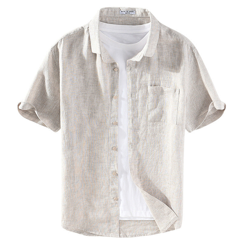Linen Short Sleeve Casual Youth Square Collar Linen Shirt
