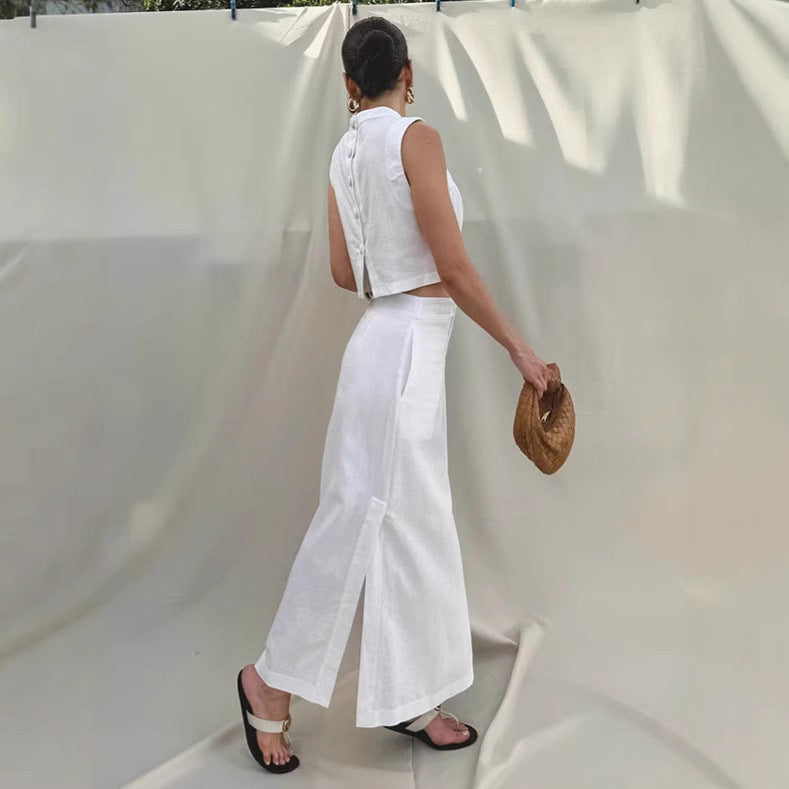 White Cotton Linen Sleeveless Stand Collar Top Slit Loose Long Skirt Two-piece Set