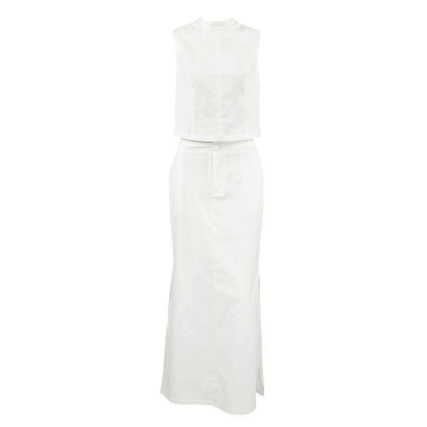 White Cotton Linen Sleeveless Stand Collar Top Slit Loose Long Skirt Two-piece Set