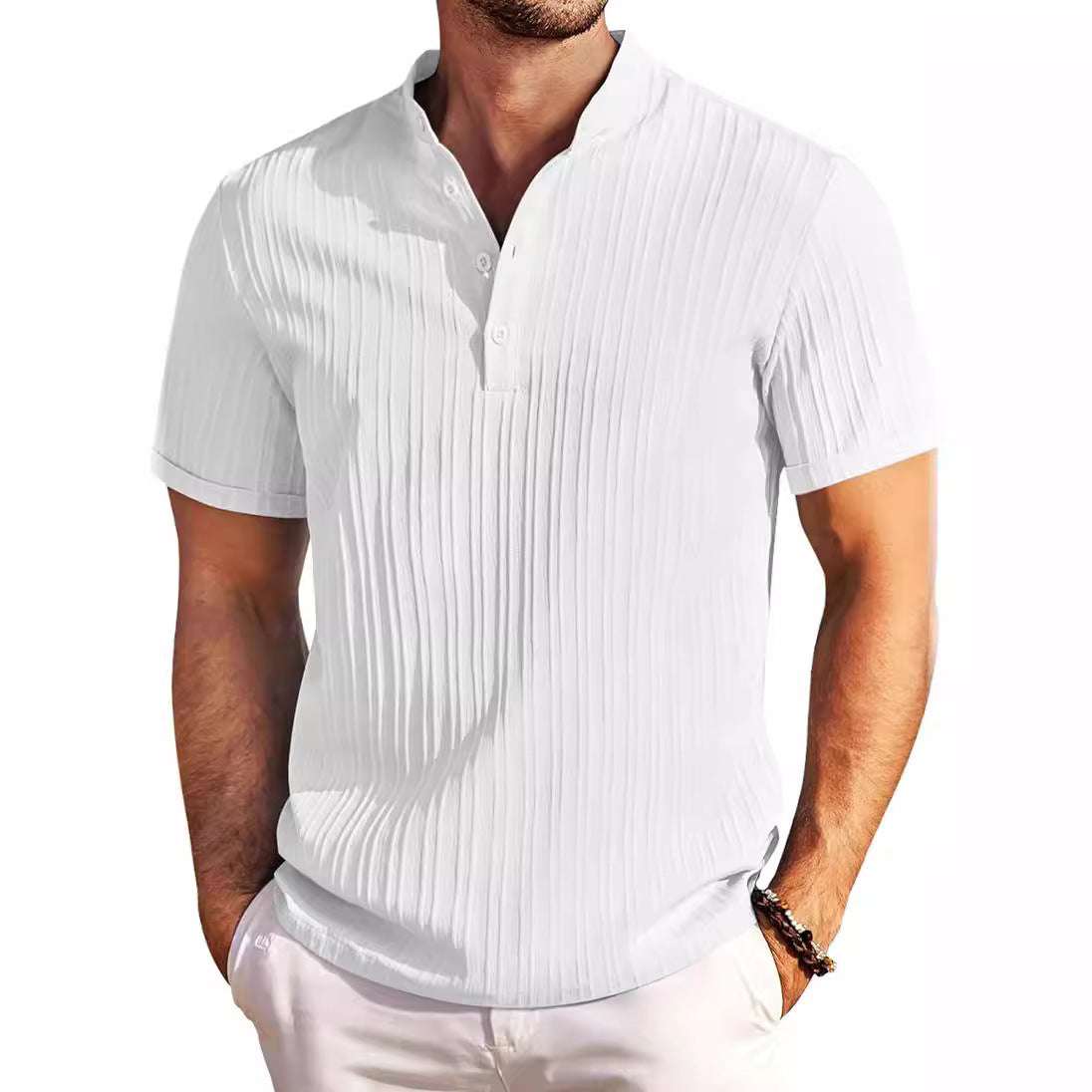 Summer Stand Collar Buttons Short Sleeve T-shirt Solid Color Stripe POLO Shirt Fashion Casual Beach Clothing For Men